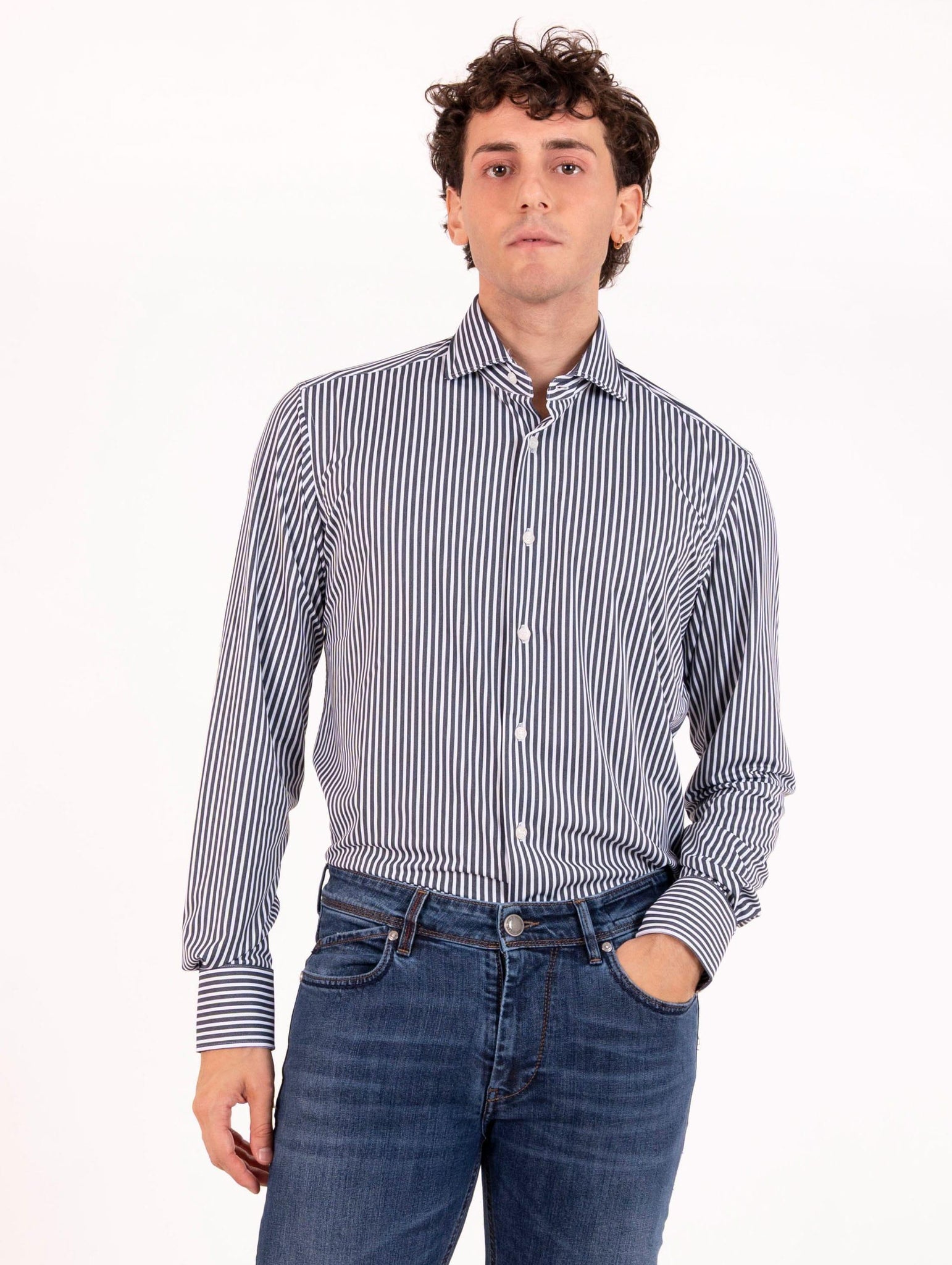 Tecno Camicia Orian Antibatterica Rigata Bianca e Navy T10202RT5224 Orian
