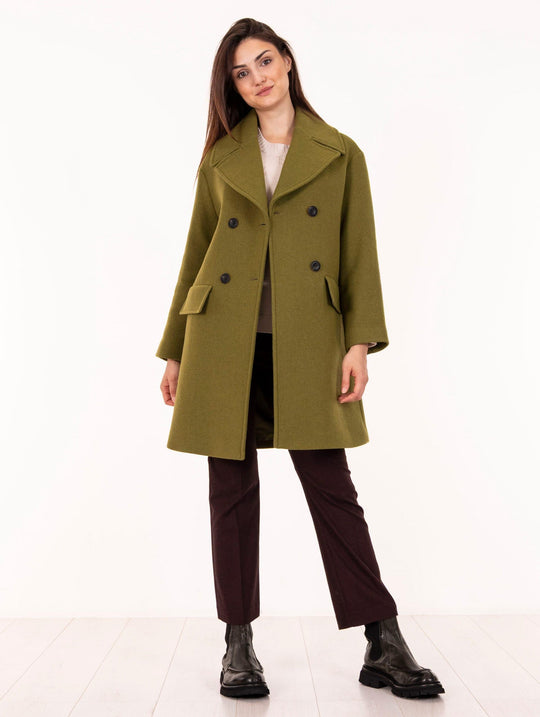 Zweireihiger Mantel Alpha Studio aus Pistaziengrünem Woll-Twill