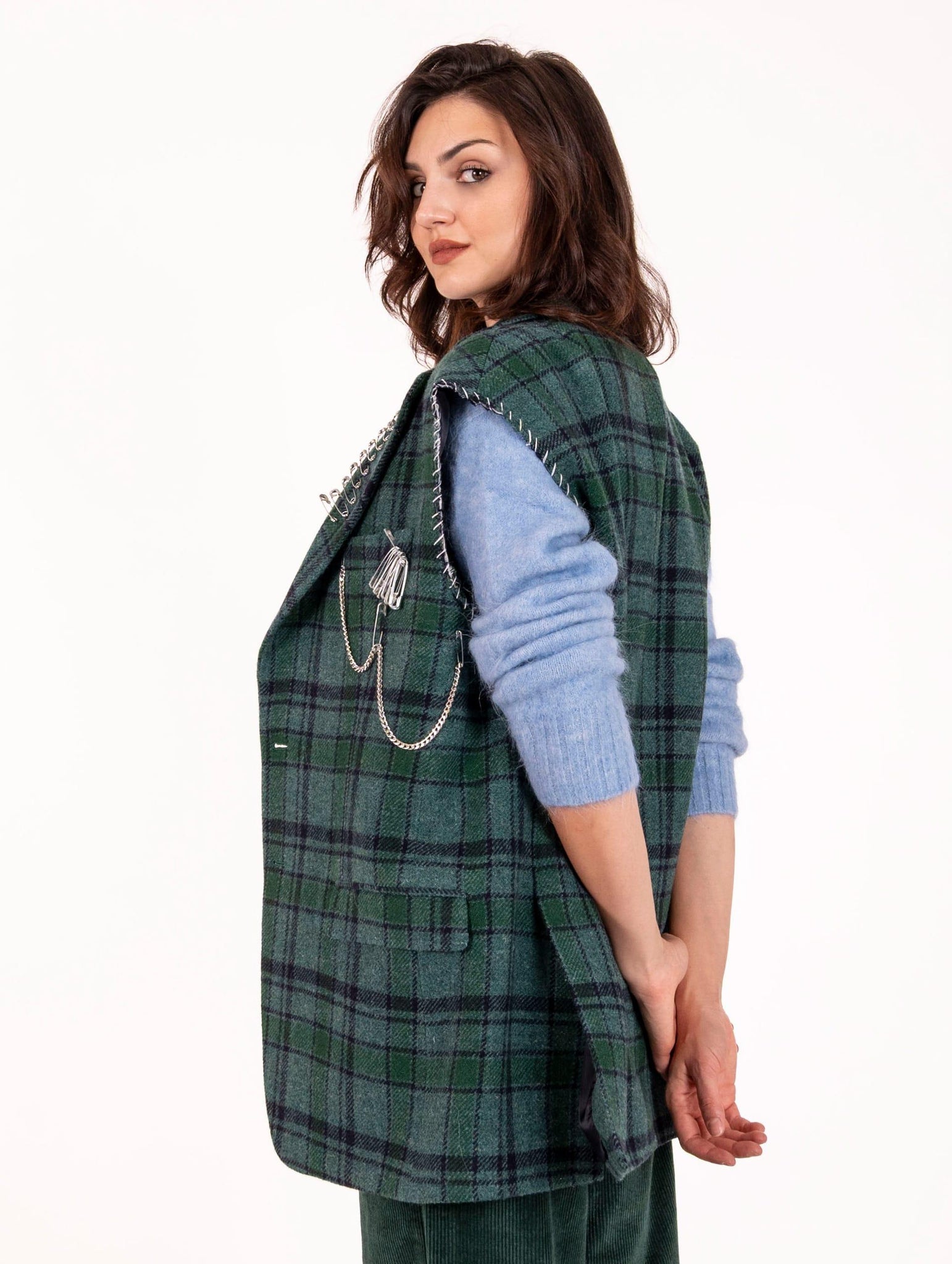 Maxi Gilet Roy Roger's  in Lana Check Verde e Blu RND90214CQ15XXXXC0611 Roy Roger's