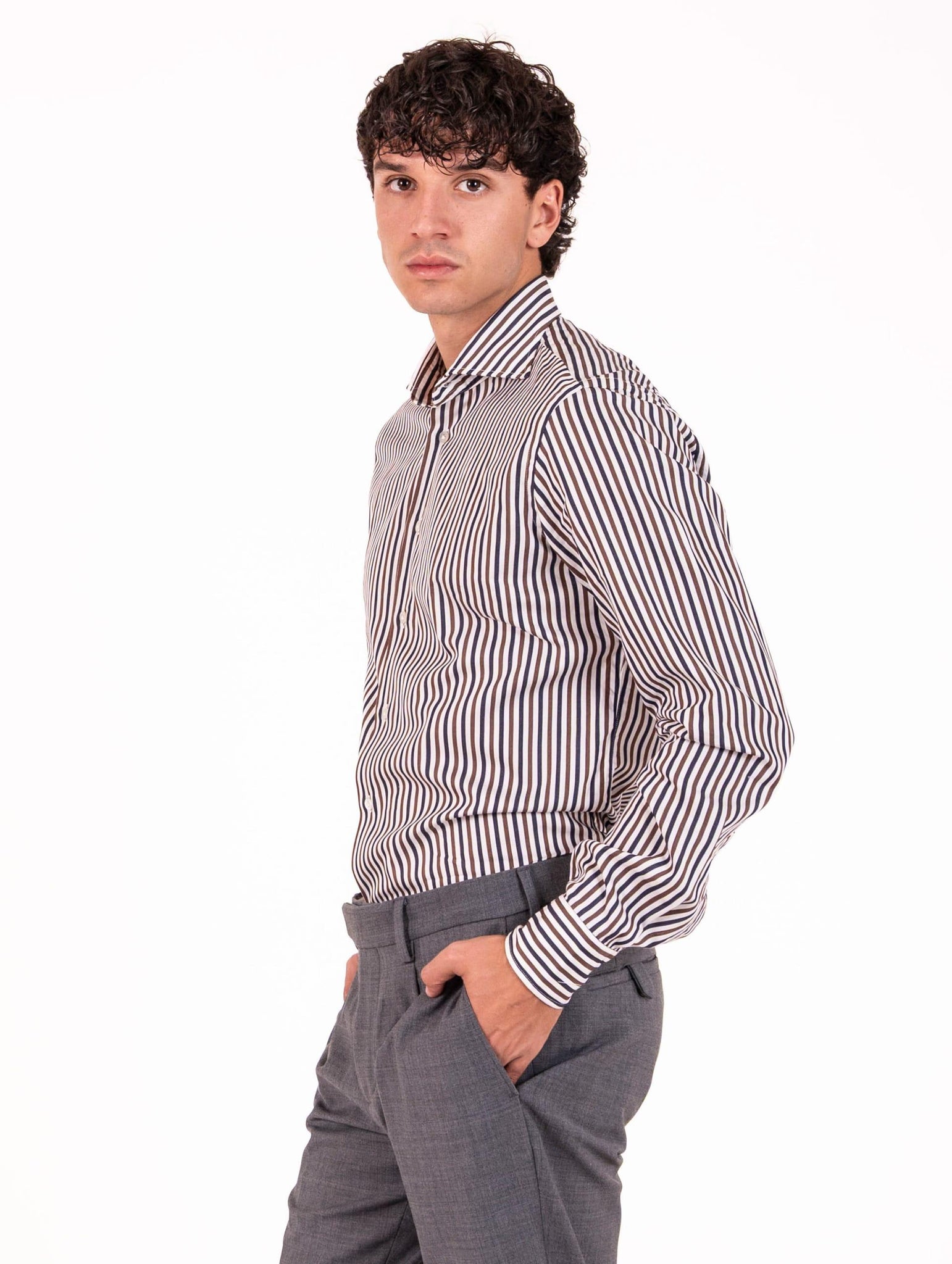 Camicia Borriello Napoli in Cotone a Righe Bianca, Blu e Marrone 210351 Borriello Napoli