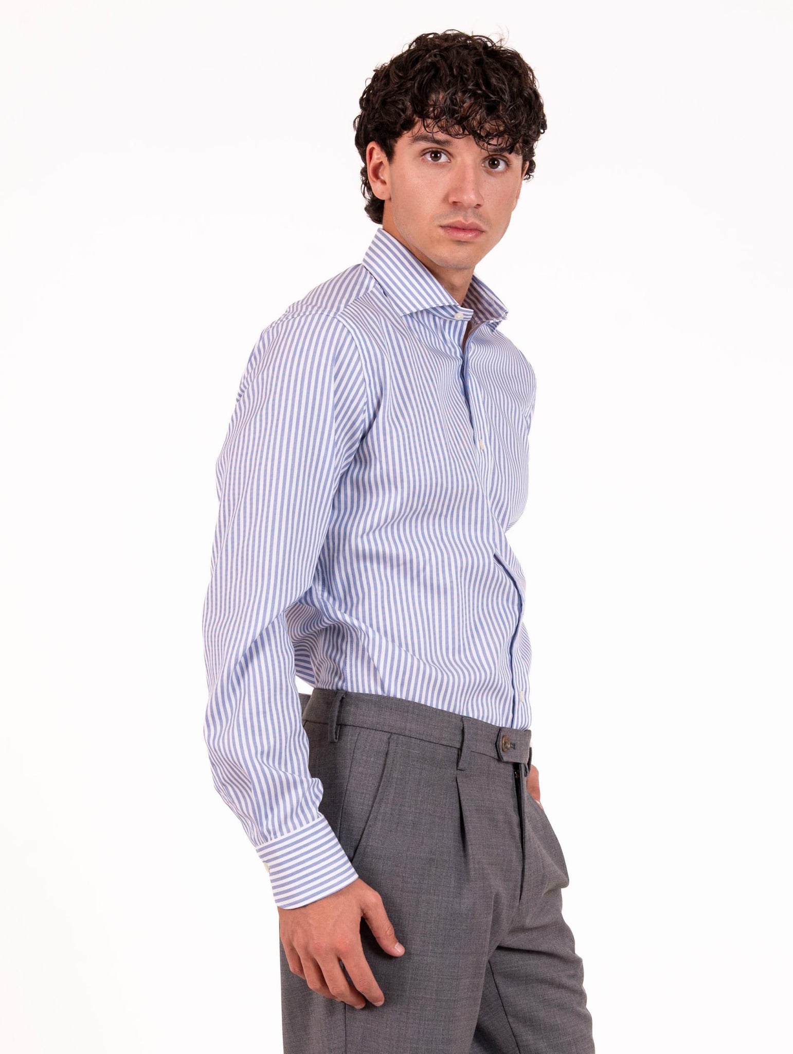 Camicia Caliban in Cotone Fantasia Righe Bianca e Azzurra U8IFWQRC4 Caliban