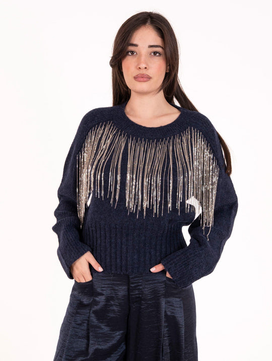 Pull Alpha Studio Catene in Lana e Alpaca Blu Notte