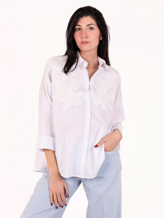 Camicia Bye Firenze con Fiori in Pizzo di Cotone Bianco
