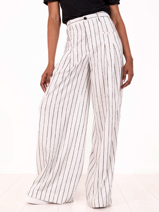 Pantalone Gessato White Sand in Viscosa Bianco e Nero