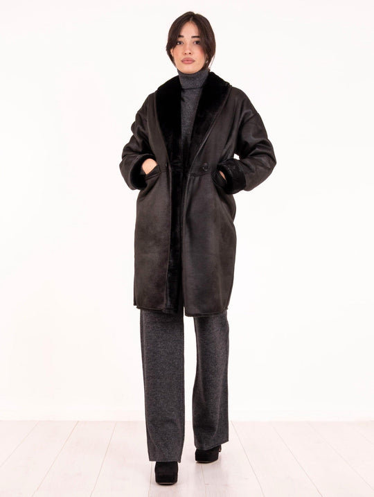 Doppelreihiger Mantel Eco Montone Leon e Loulou Schwarz