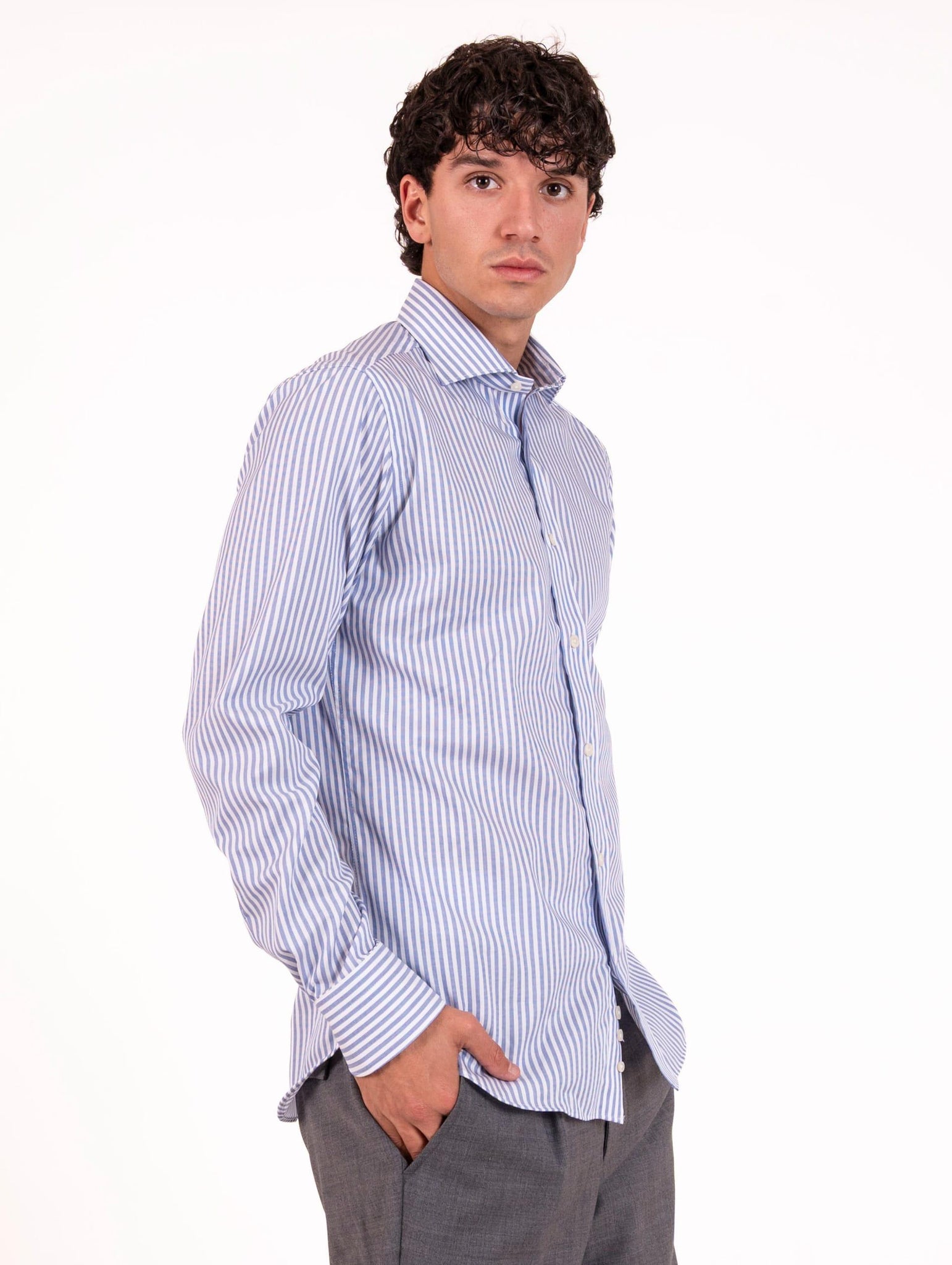 Camicia Caliban in Cotone Fantasia Righe Bianca e Azzurra U8IFWQRC4 Caliban