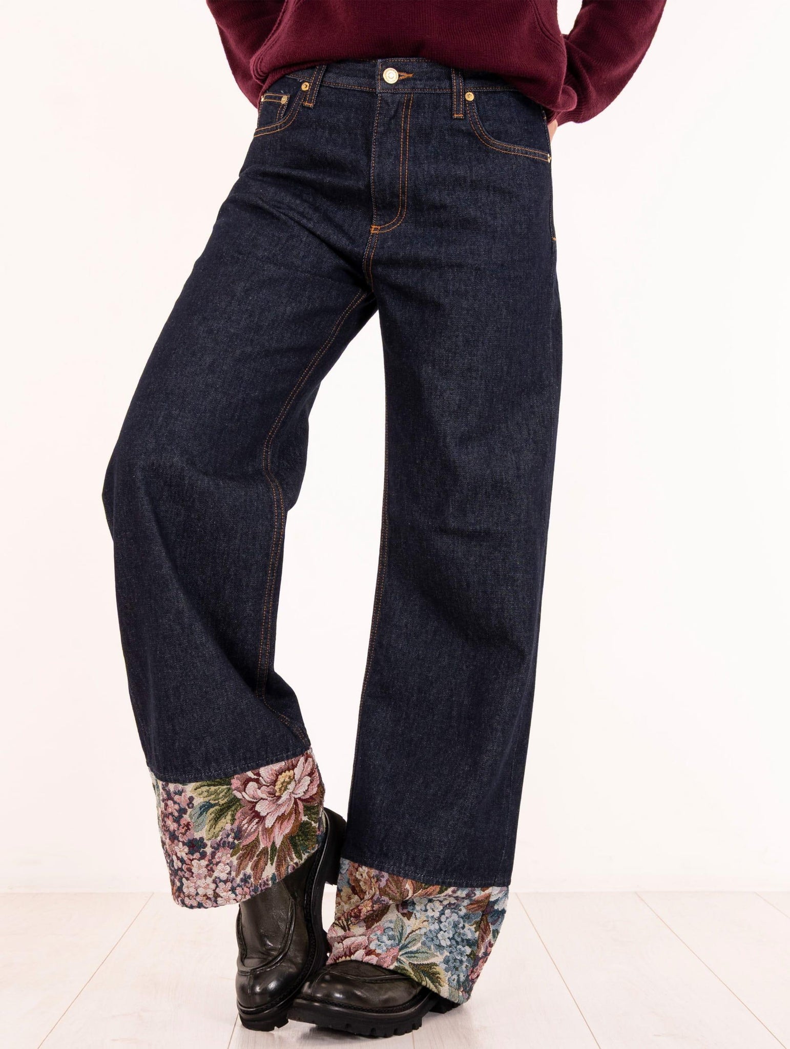 Jeans Super Wide Roy Roger's in Denim Scuro Broccato RND90226CP000021C0999 Roy Roger's
