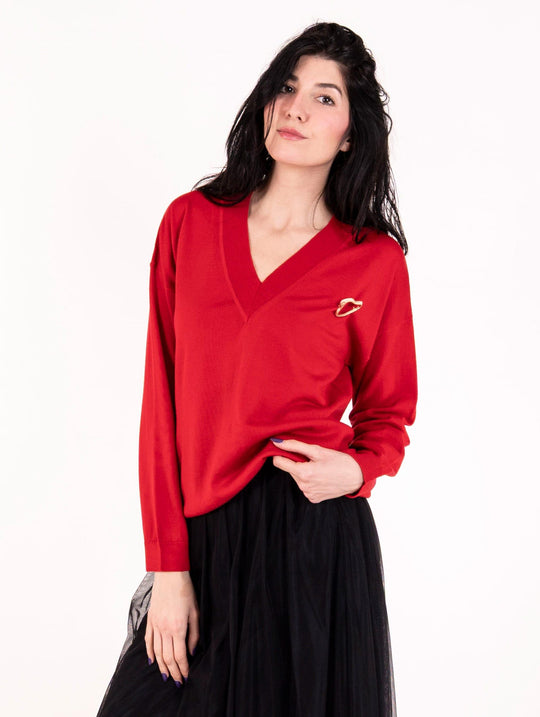V-Ausschnitt-Pullover Alpha Studio aus reiner Wolle Rot