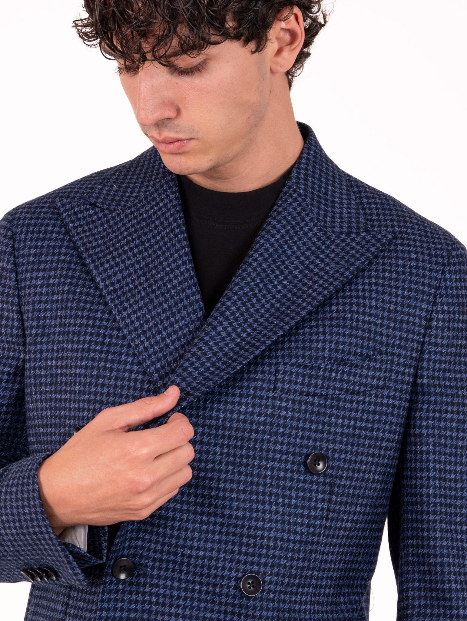 Giacca Sartoriale Doppiopetto Four Stroke in Lana Vergine e Seta Pied de Poule Navy e Blu PARIGI2/13137254 Four Stroke