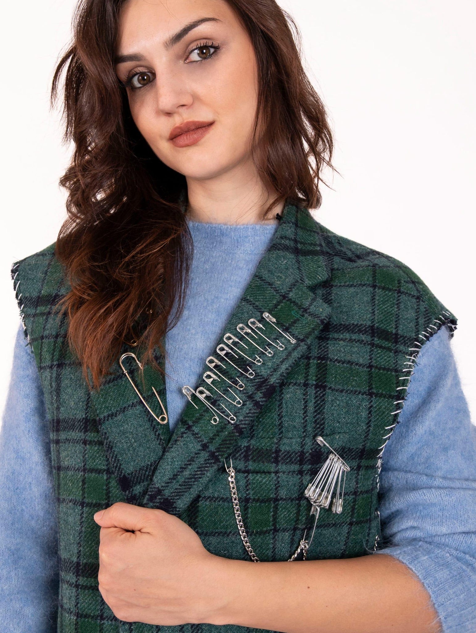 Maxi Gilet Roy Roger's  in Lana Check Verde e Blu RND90214CQ15XXXXC0611 Roy Roger's