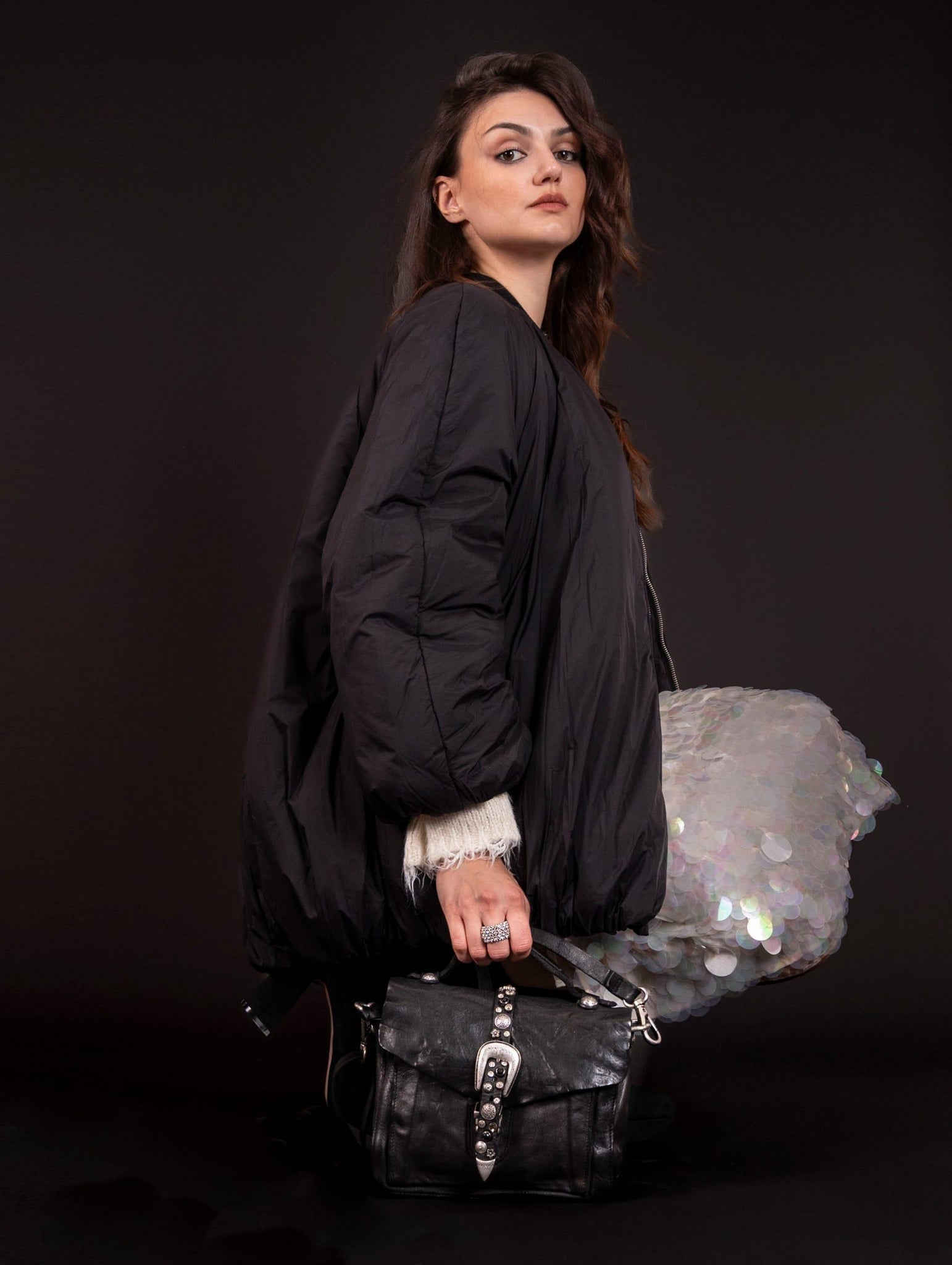 Borsa Porzia Campomaggi con Borchie e Strass in Pelle Nera C042610ND-X2876C0001 Campomaggi