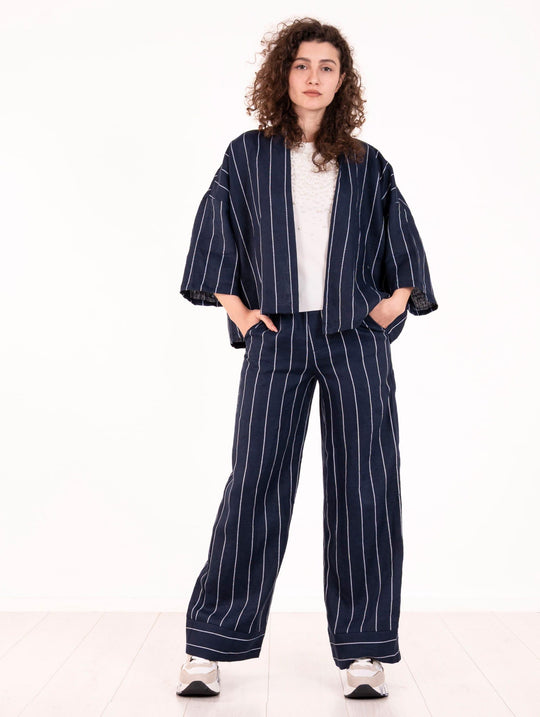 Kimono Traffic People in Puro Lino Gessato Blu e Panna