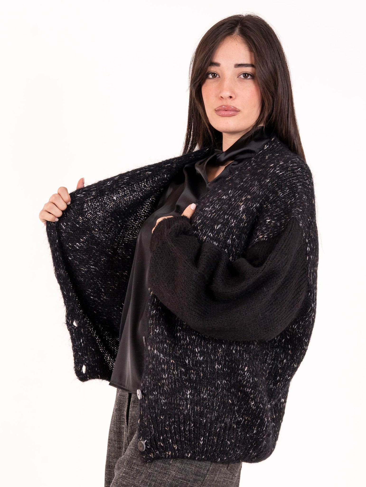 Maxi Cardigan Alisy in Mohair Melange Nero e Bianco 265427A5019NE Alysi