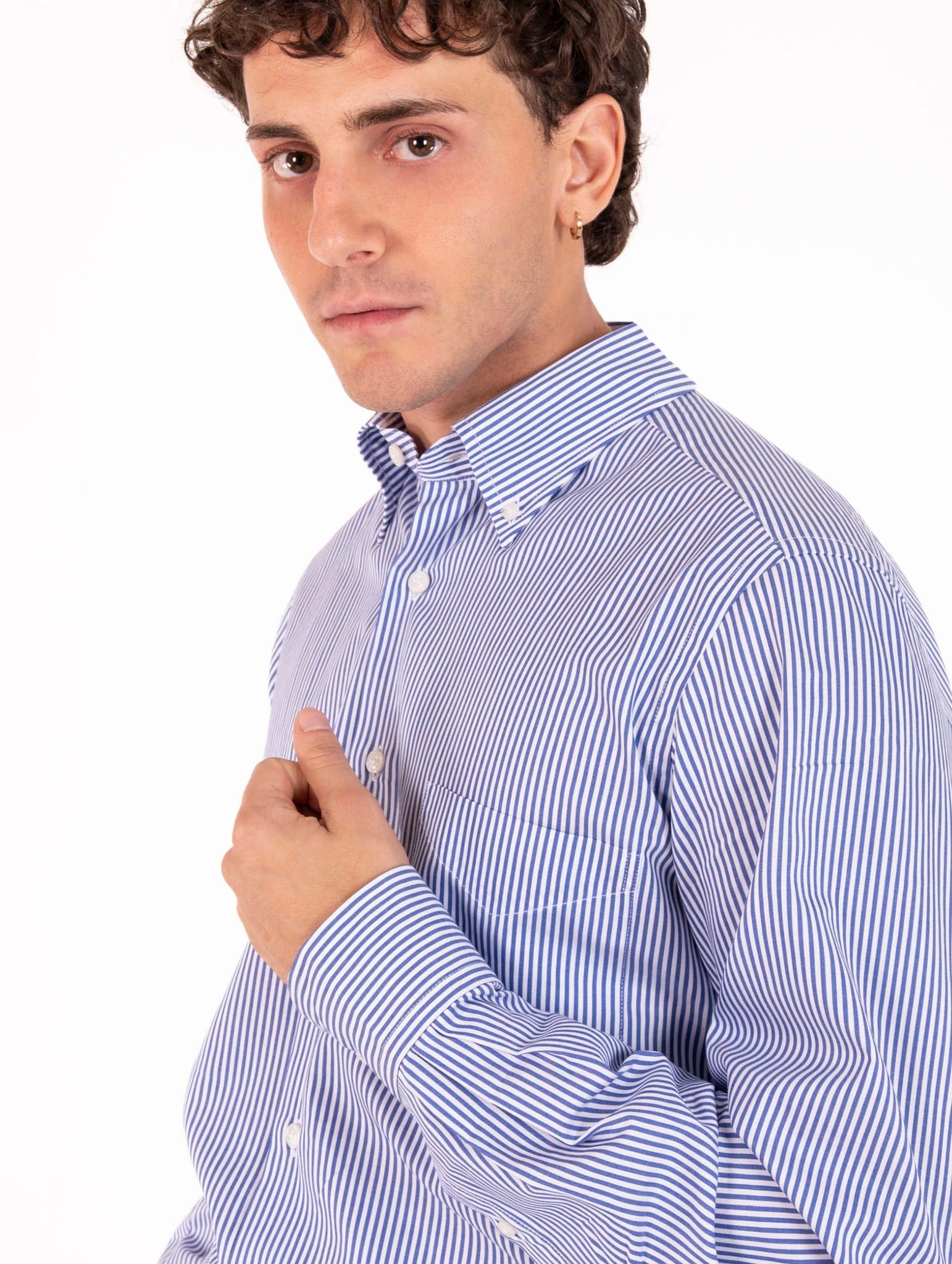 Camicia Regular Orian Botton Downs in Cotone a Rughe Bianca e Blu N35702RP8524 Orian