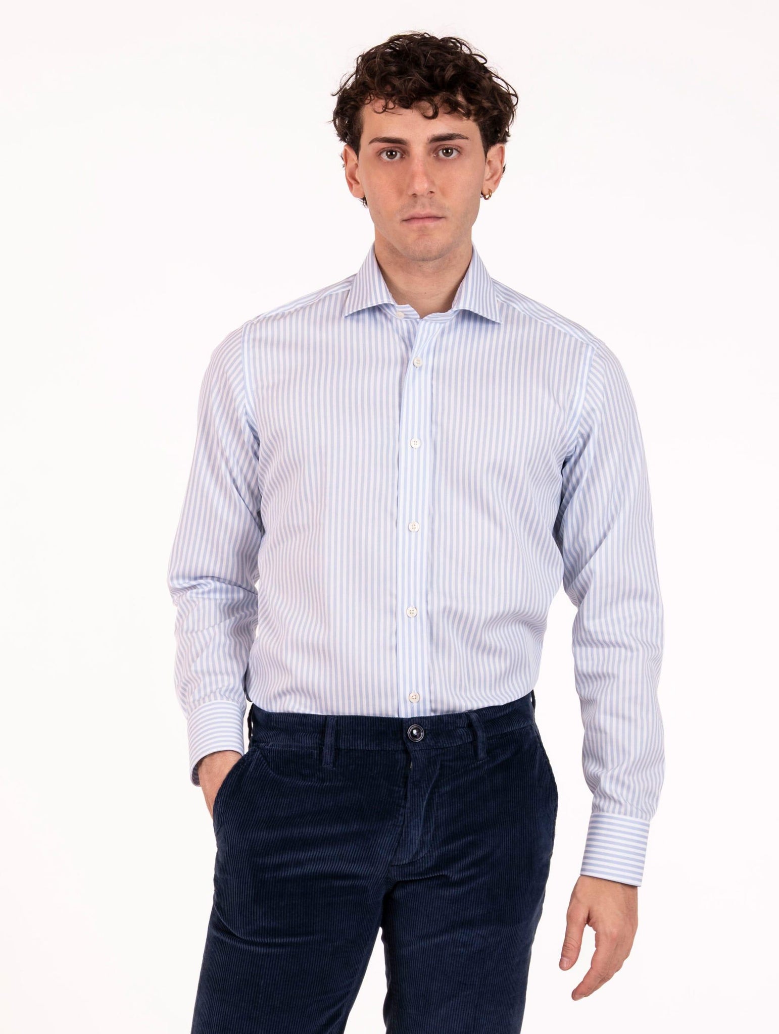 Camicia Caliban in Cotone Fantasia Righe Bianca e Azzurra U8IFWQRB6 Caliban