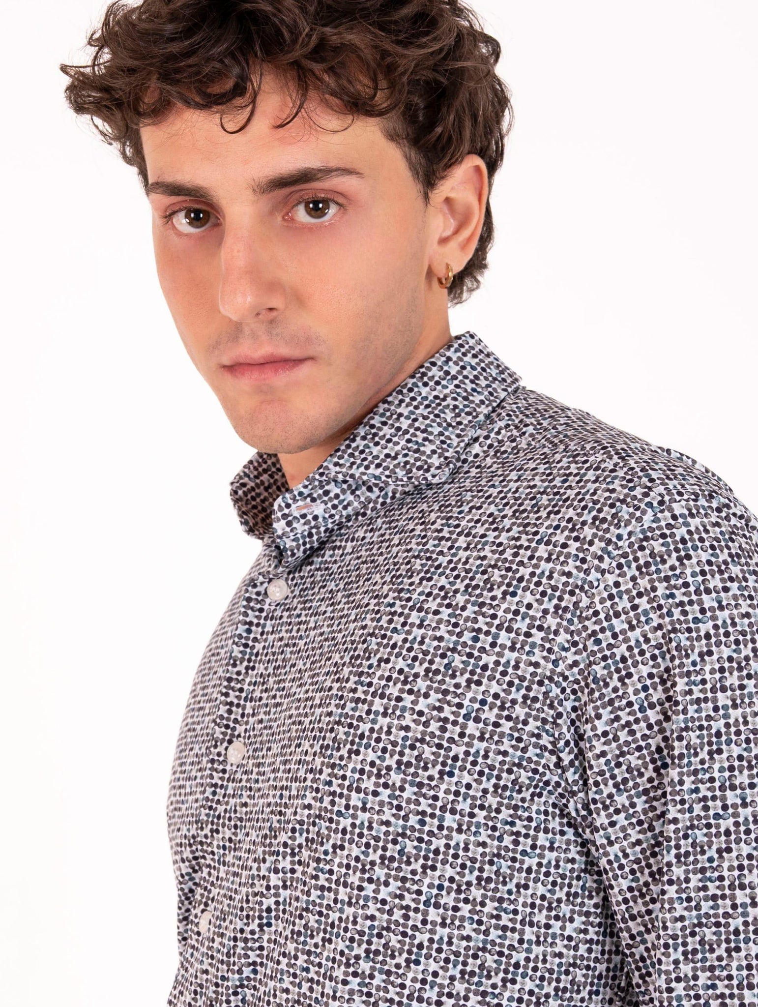 Tecno Camicia Orian Antibatterica Bianca Fantasia Pois Marrone e Verde T10202FT4382 Orian