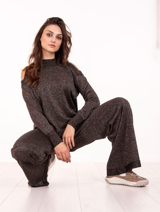 Pantalone D Exterior n Lana e Viscosa Lurex Caffè