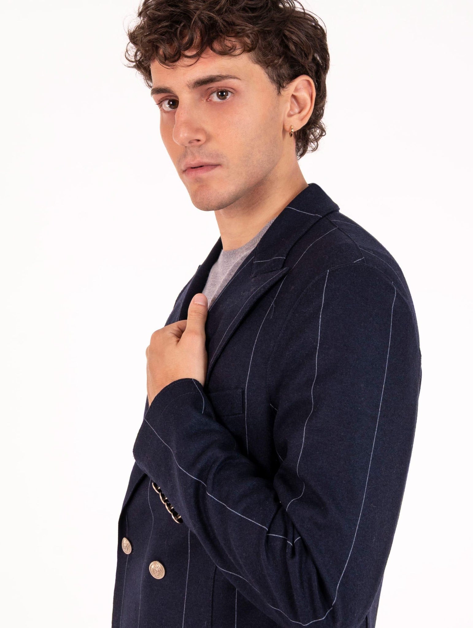 Giacca Doppiopetto Eleventy Milano in Jersey di Lana Gessata Blu e Azzurra L70GIAA02BOTTES0L23311 Eleventy Milano