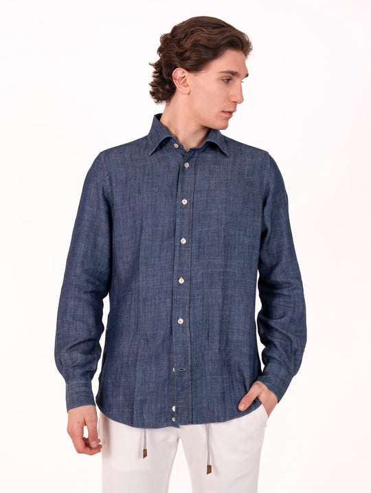 Camicia Eleventy Milano Platinum in Lyocell e Lino Denim Scuro