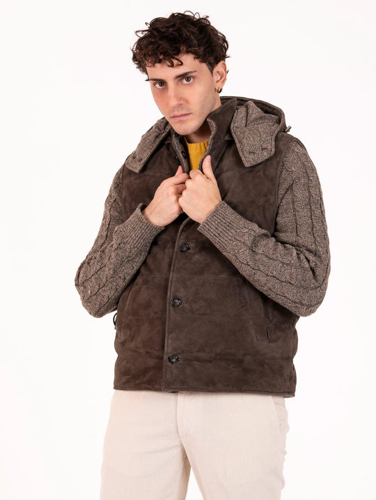 Giubbotto Reversibile The Jackie Leather in Suede e Tessuto Oliva e Marrone