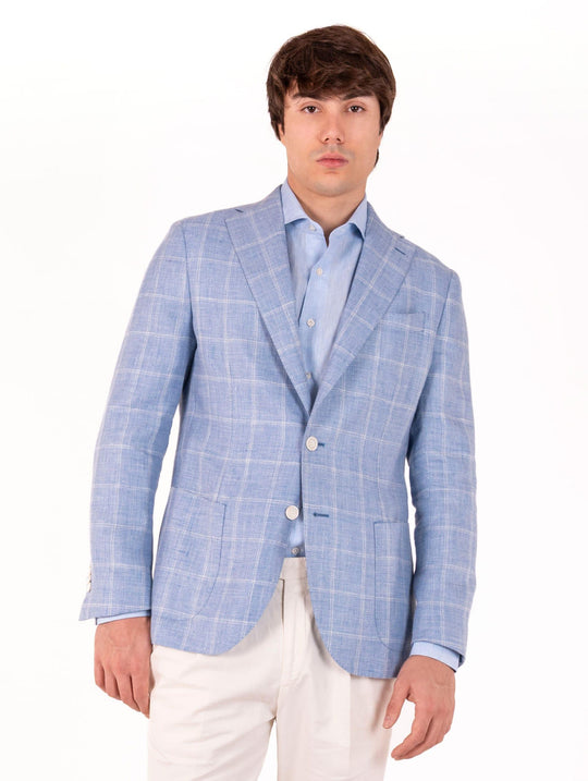 Giacca Sartoriale Four Stroke in Lino e Lana Vergine Check Azzurro e Bianco