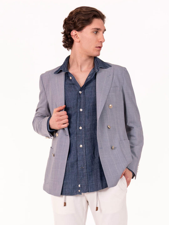 Giacca Doppiopetto Eleventy Milano Platinum in Lana Gessata Denim e Bianco