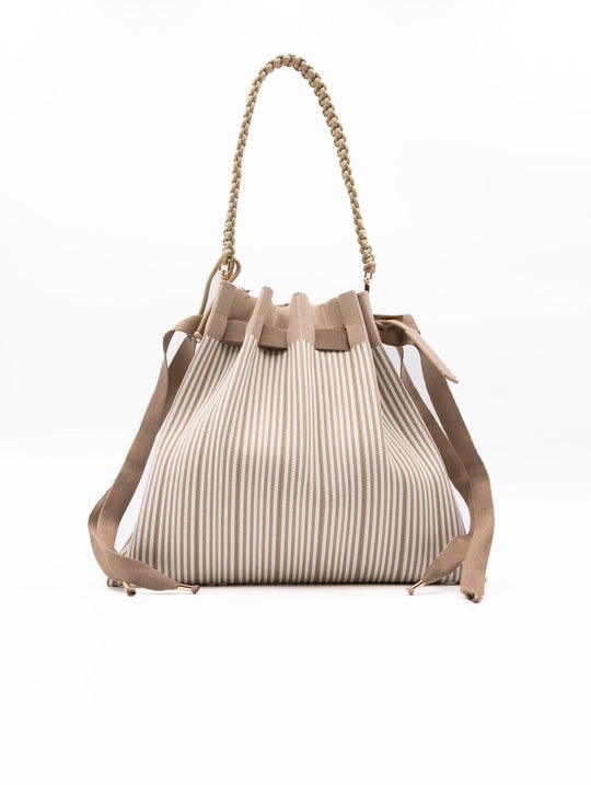 Borsa a Secchiello Fri-Yay in Maglia Plissè Beiege e Bianca