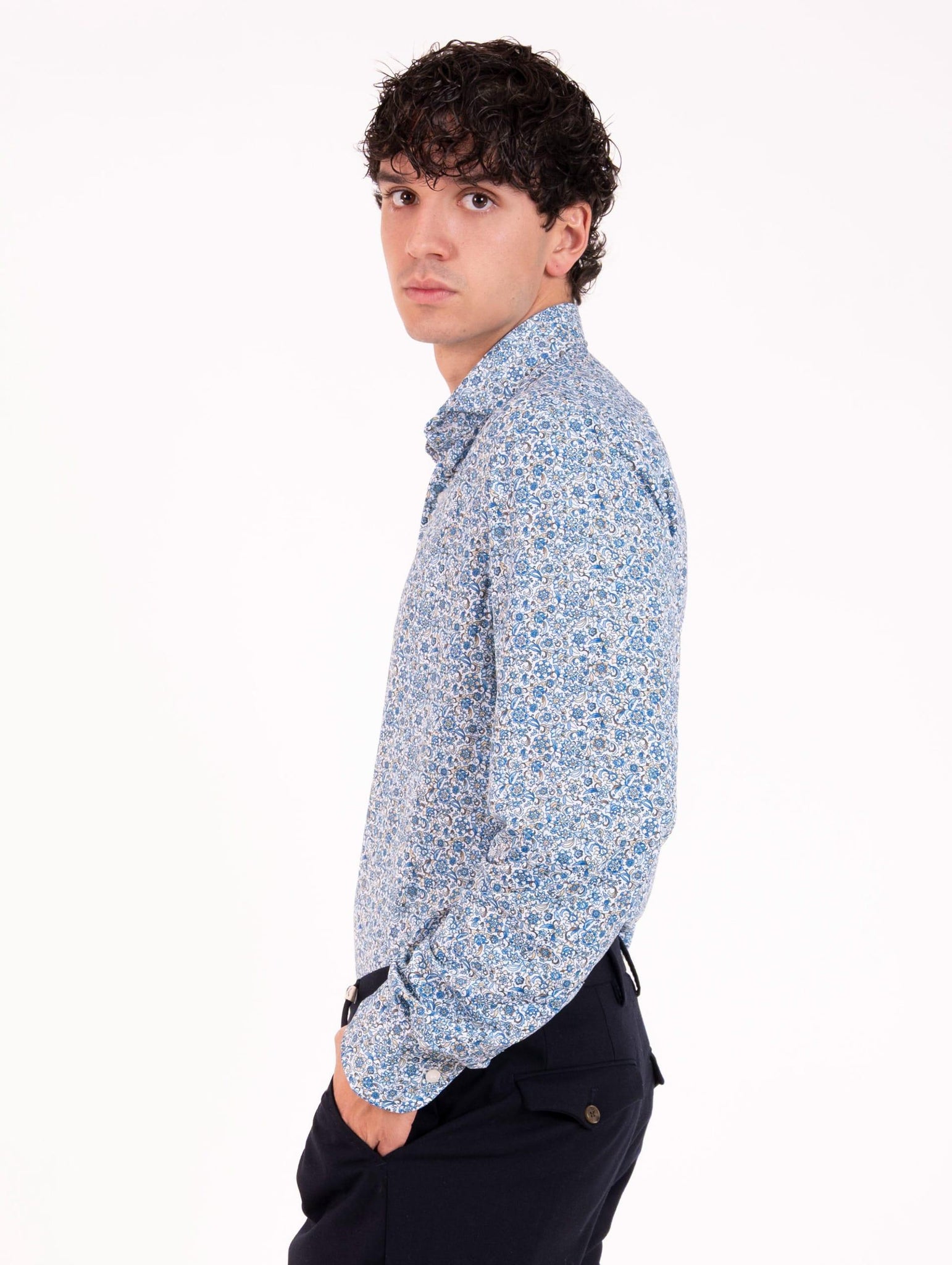 Tecno Camicia Orian Antibatterica Bianca Fantasia Fiori Azzurra e Beige T10202FT4022 Orian