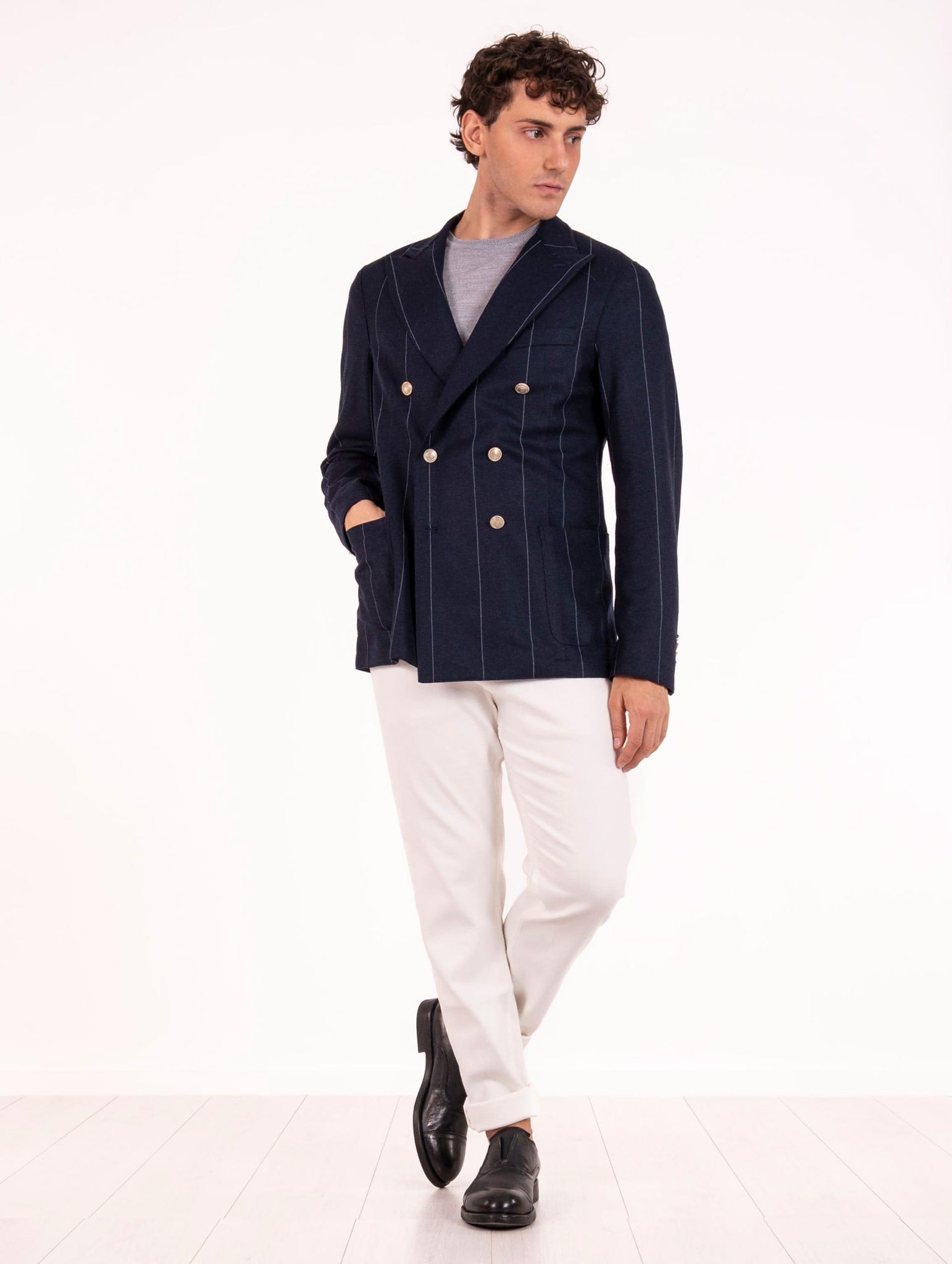 Giacca Doppiopetto Eleventy Milano in Jersey di Lana Gessata Blu e Azzurra L70GIAA02BOTTES0L23311 Eleventy Milano