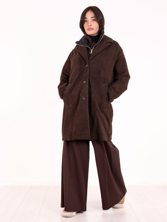 Sub Zero Dune The Jackie Leder-Mantel aus Strick und Samtvelours Mokka