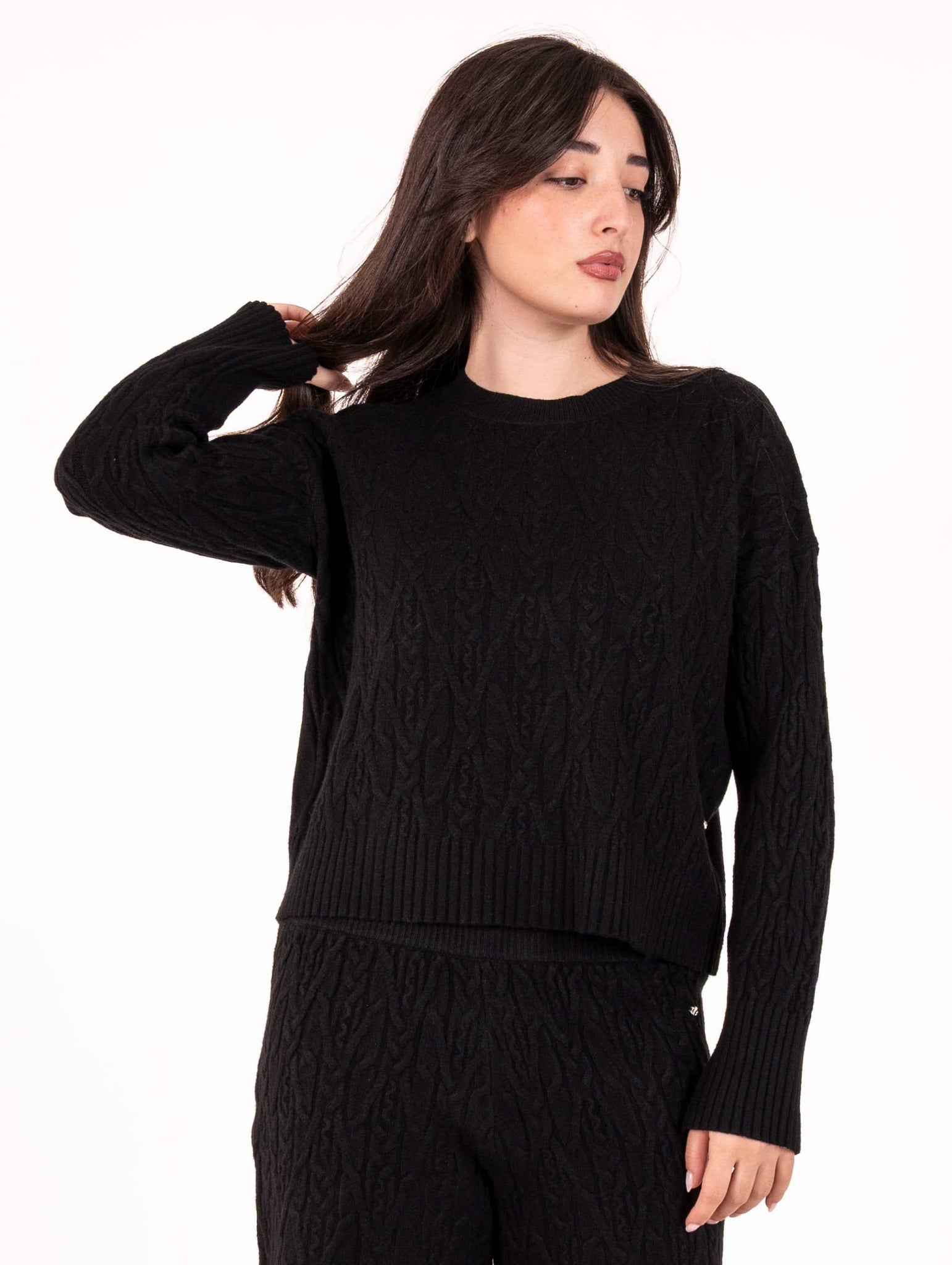 Pull Girocollo White Wise in Misto Viscosa Trecce Nero WW201251 White Wise