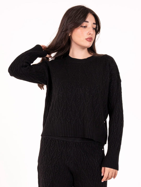 Pull Girocollo White Wise in Misto Viscosa Trecce Nero