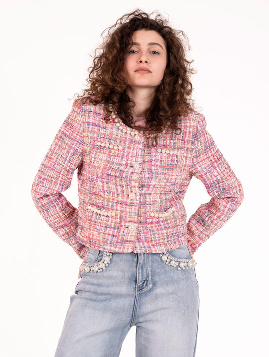 Giacca No Secrets con Perle in Tweed Rosa