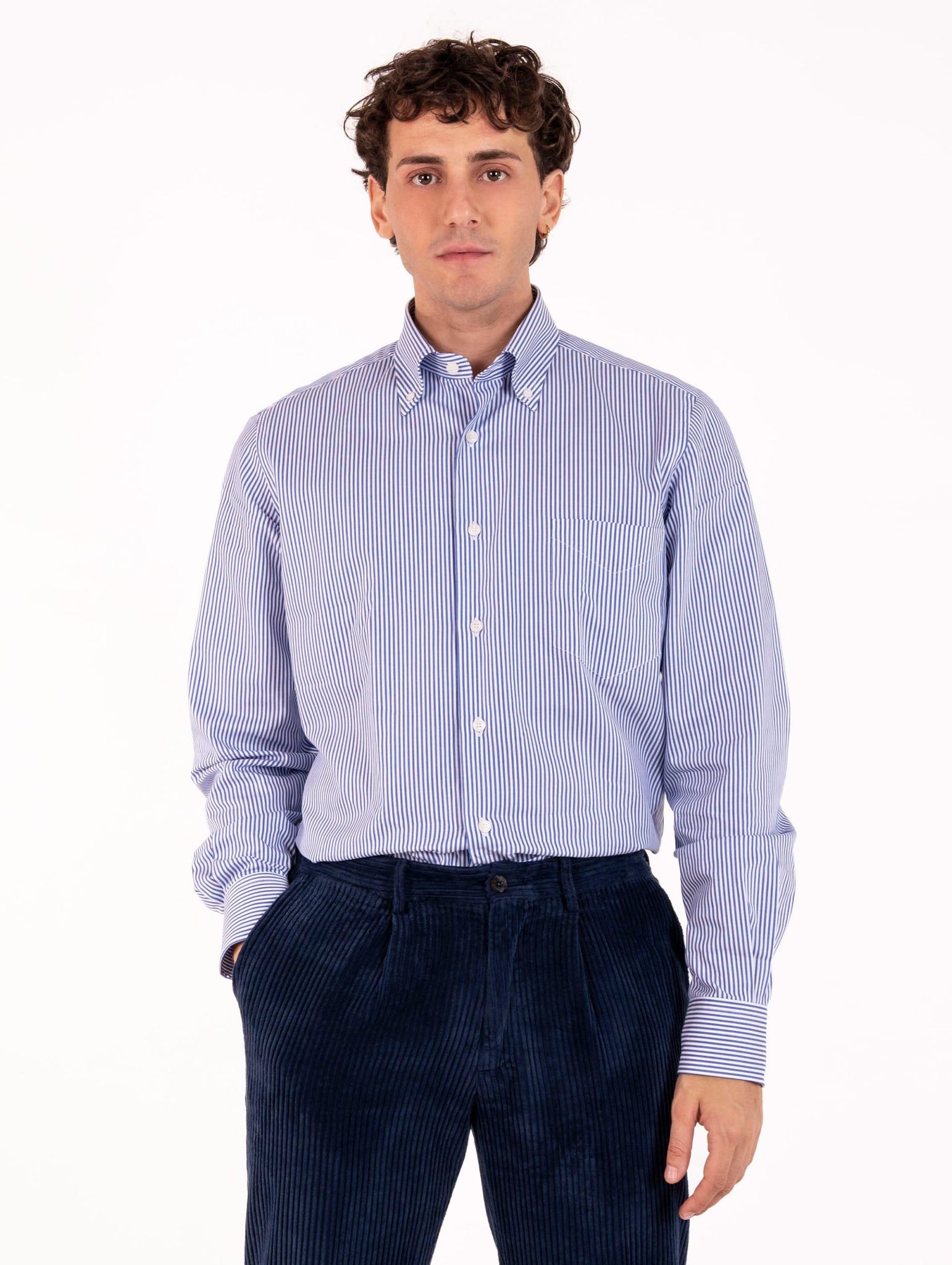 Camicia Regular Orian Botton Downs in Cotone a Rughe Bianca e Blu N35702RP8524 Orian