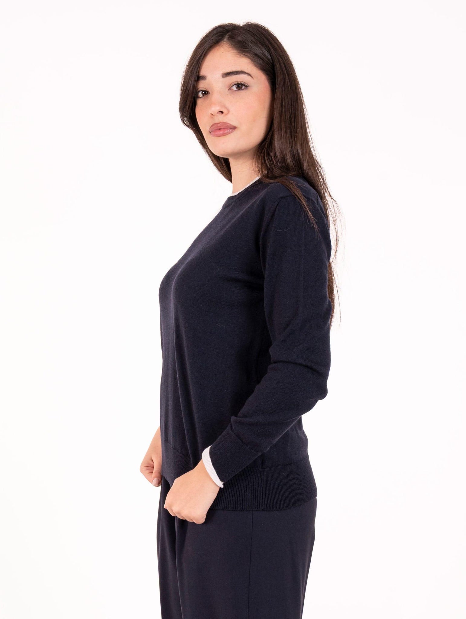 Maglia Bicolor Alpha Studio in Pura Lana Blu Notte e Bianco AD-4011C2001 Alpha Studio