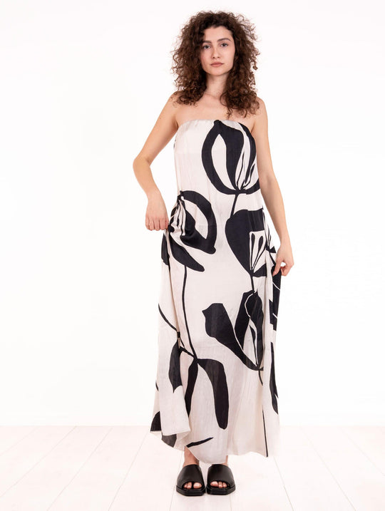 Alpha Studio Strapless Dress Ivory and Black Pattern