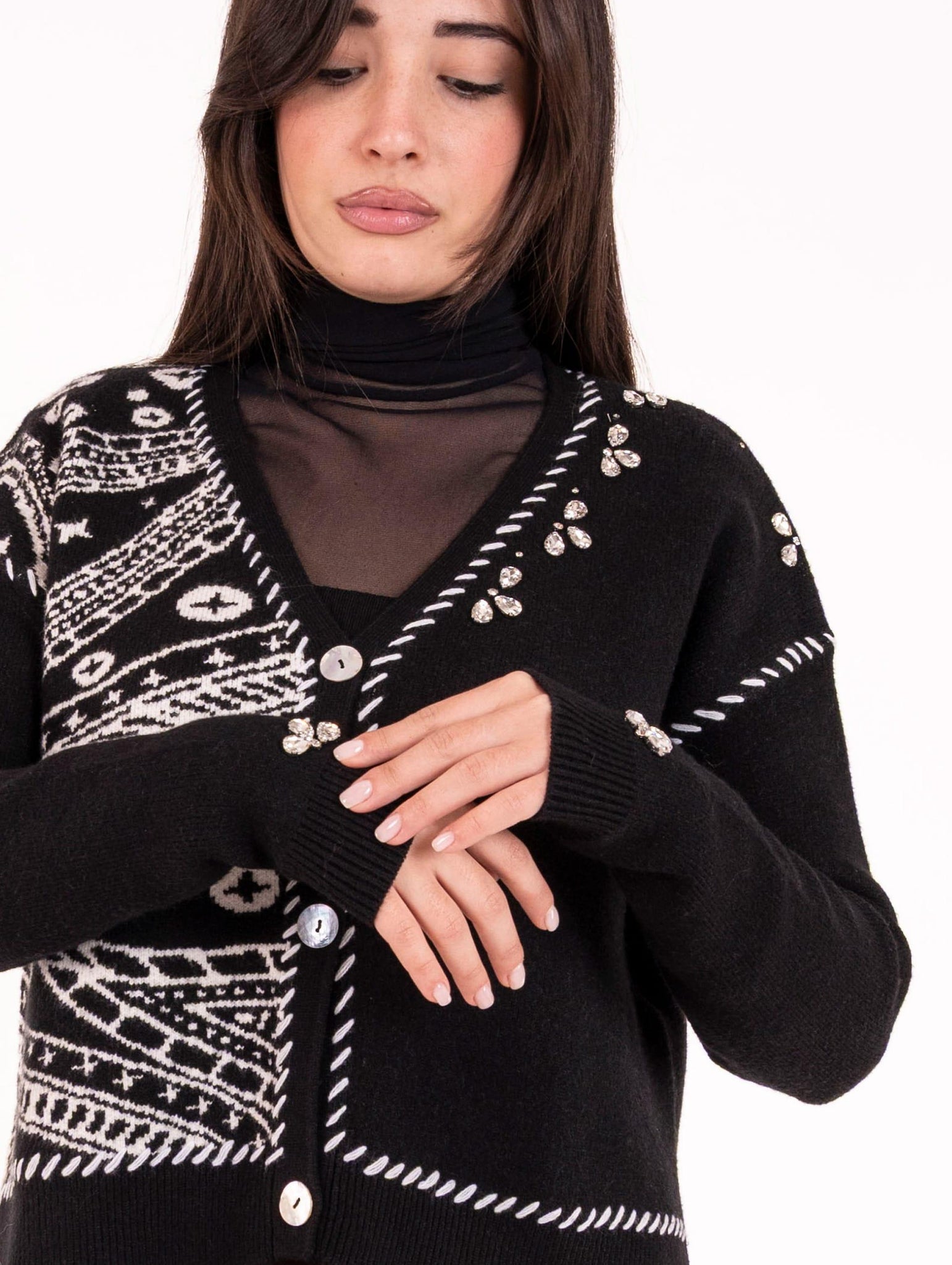 Cardigan Jewel White Wise in Viscosa Bianca e Nera WW20173678 White Wise