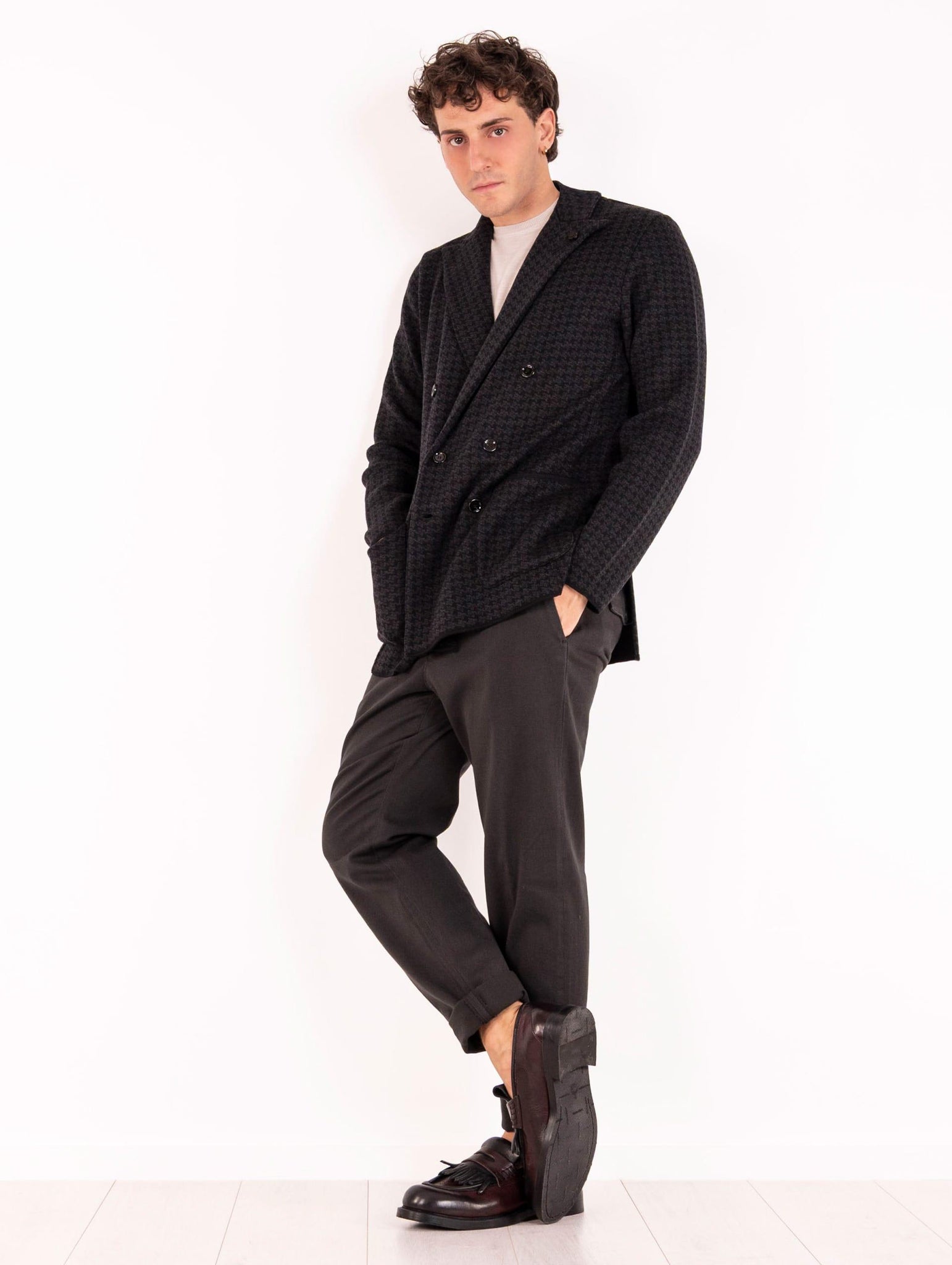 Giacca Doppiopetto Lardini in Lana Vergine Pied de Poule Nera CNLJM57930NE Lardini