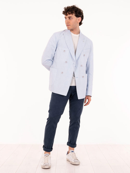 AT.P.CO Jacket Zac Double-Breasted in Cotton and Linen Light Blue and White Checks