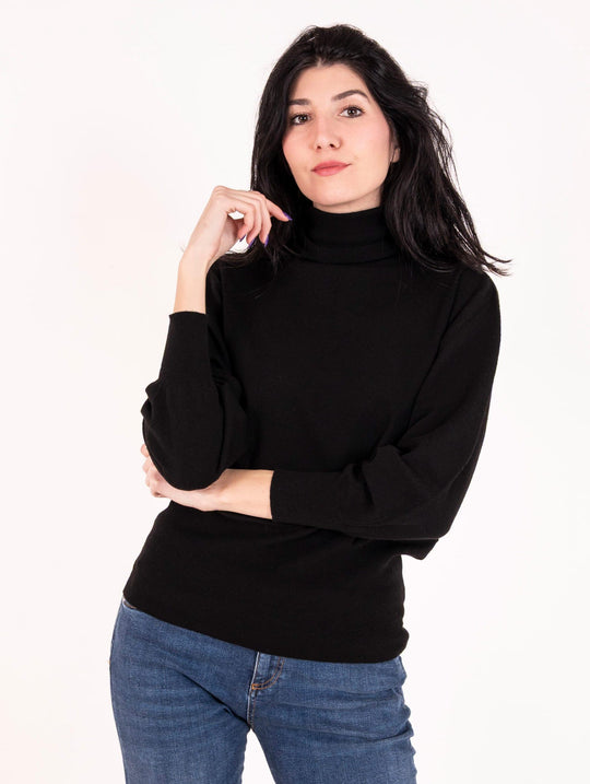 Rollkragenpullover Alpha Studio aus extrafeiner schwarzer Wolle
