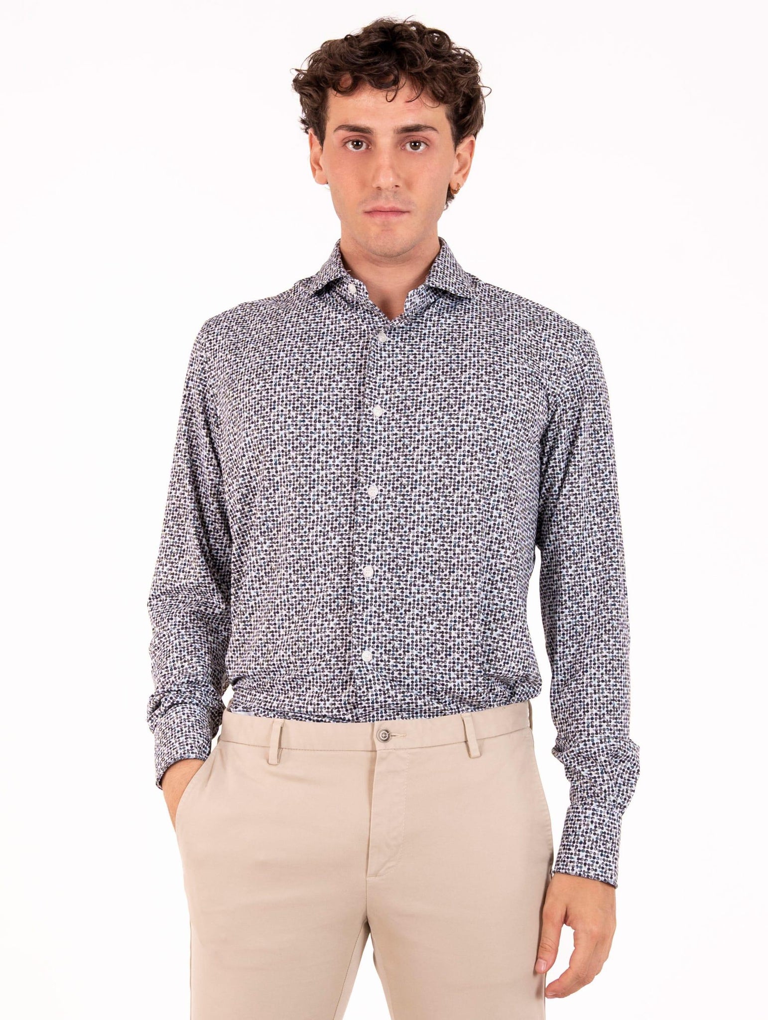 Tecno Camicia Orian Antibatterica Bianca Fantasia Pois Marrone e Verde T10202FT4382 Orian