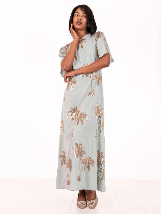 Palms Traffic People Dress in Aquamarine Pure Cotton