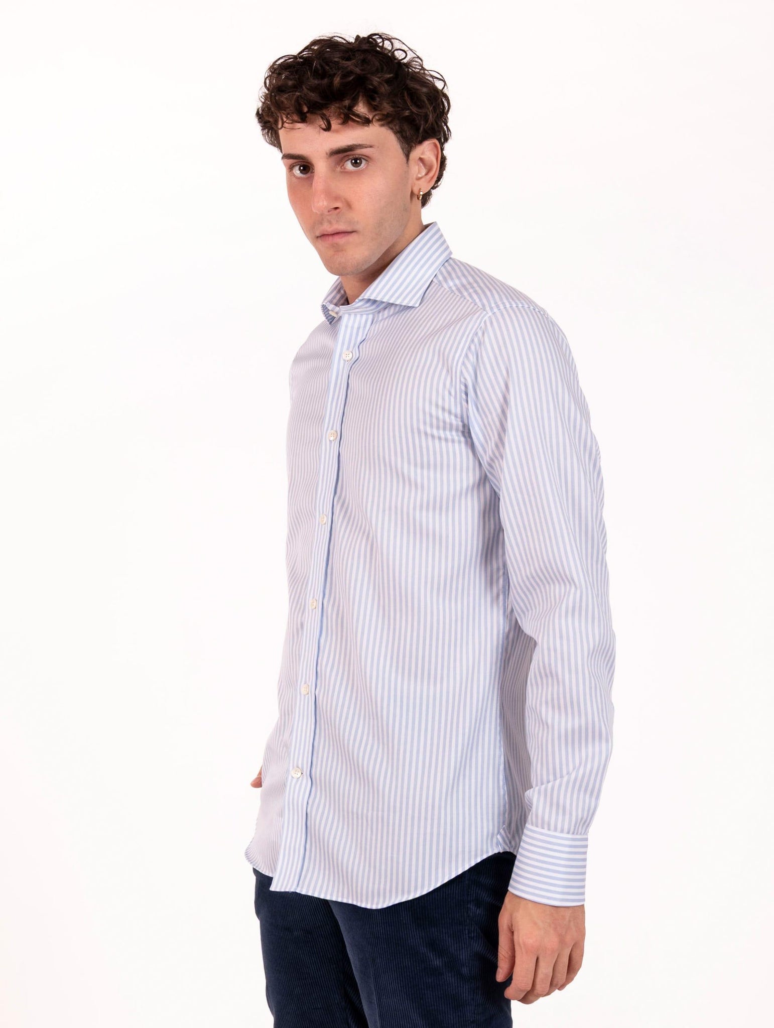 Camicia Caliban in Cotone Fantasia Righe Bianca e Azzurra U8IFWQRB6 Caliban