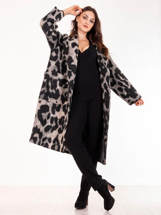 Cappotto Alessia Santi in Panno di Lana e Cotone Animalier Grigio e Nero