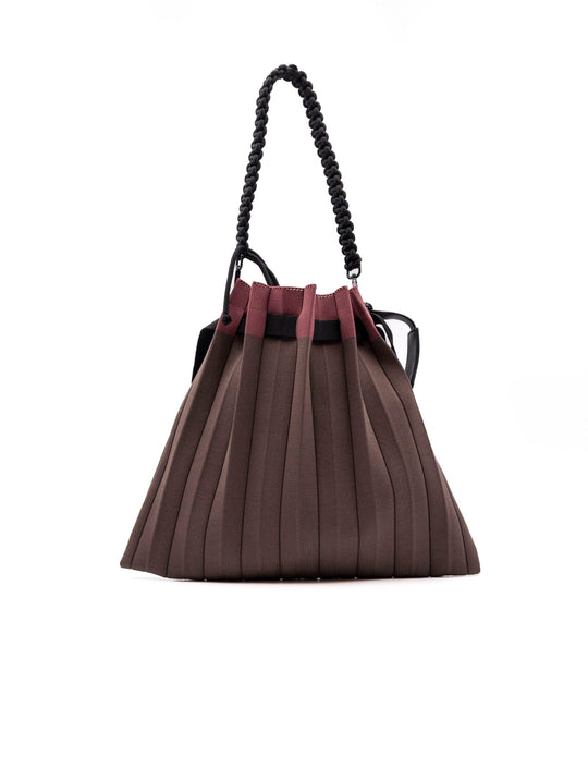Borsa a Secchiello Fri-Yay in Maglia Plissè Marrone e Ciliegia
