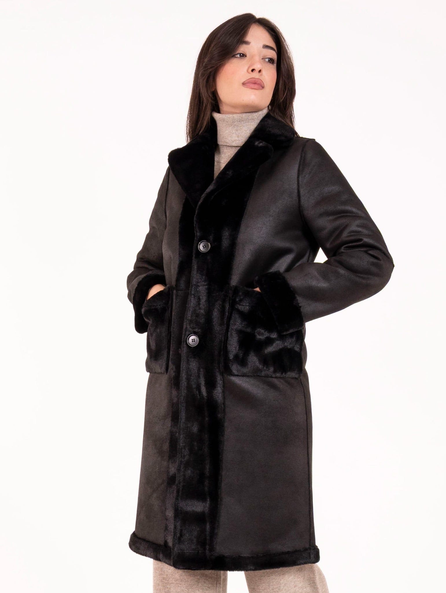 Cappotto Eco Pelliccia Leon e Loulou Nero L500CAMO00024 Leon & Loulou