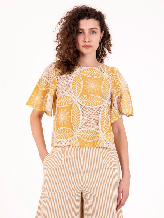 T-shirt Traffic People in Cotone Crochet Panna e Giallo