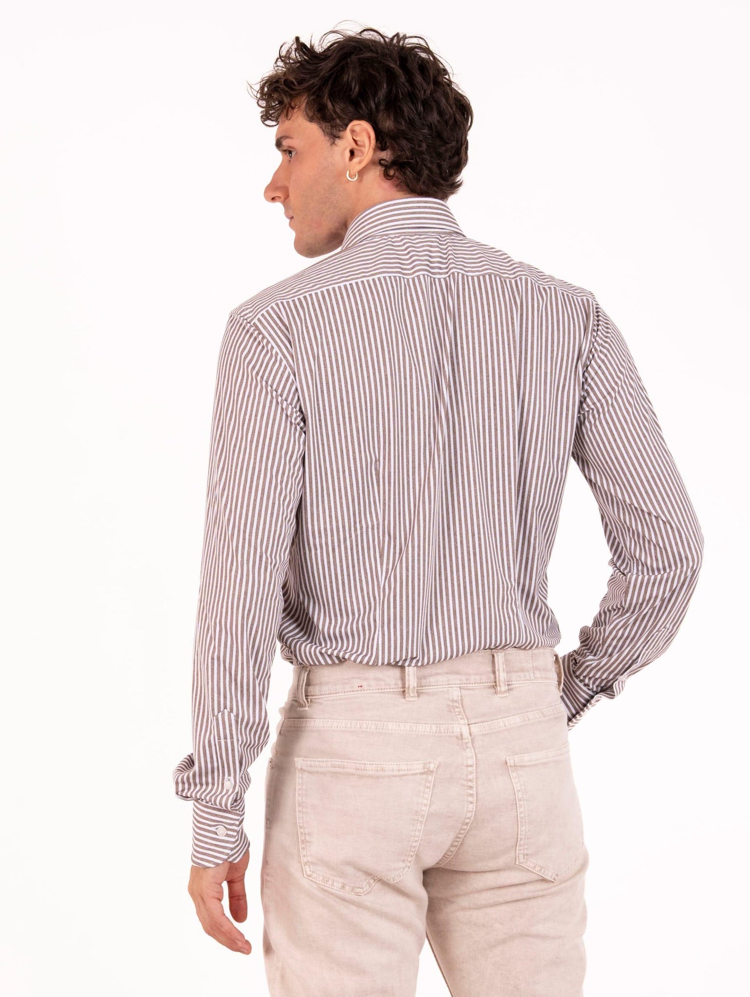 Tecno Camicia Orian Antibatterica Rigata Bianca e Fango T10202RT5215 Orian