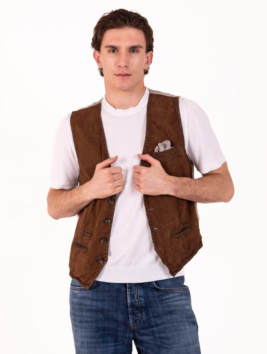 Gilet The Jack Leather in Pelle, Lino e Cotone Tabacco