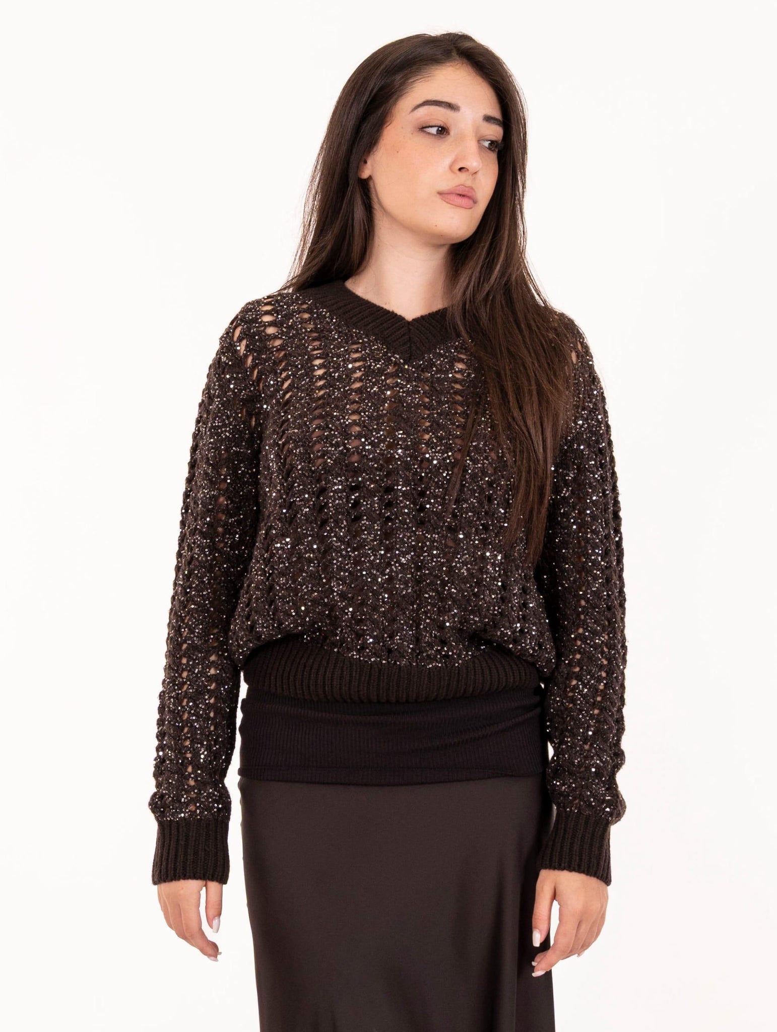 Pull Trecce D.Exterior con Cristalli in Lana, Cachemire e Seta Caffè 6118620WEN D.EXTERIOR